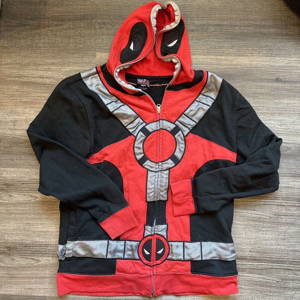 Deadpool Mens Costume Hoodie - Cosplay Design with Zip-Up Hood Mask Large